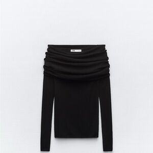 Zara Black Ruched Bodysuit with Long Sleeves